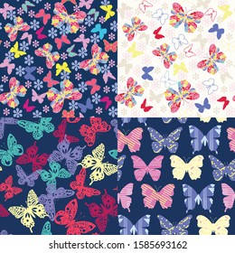 Vector hand drawn Set of butterflies floral seamless pattern. Beautiful  Background for Fabric, Textile, Print and Invitation.