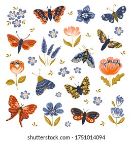 Vector hand drawn set of butterflies,moths and flowers . Colorful  collection with insects and plants isolated on white background