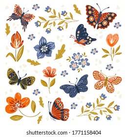 Vector hand drawn set of butterflies,moths and flowers . Colorful  collection with insects and plants isolated on white background