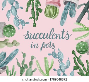Vector hand drawn  Set of cactus and succulents background. Hand drawn banner in trendy watercolor style. 