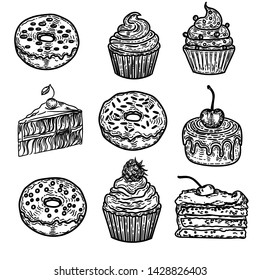 Vector hand drawn set of cakes and ice creams isolated on white.