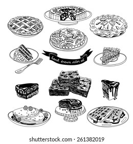 Vector hand drawn set with cakes and sweets. Sweets illustration collection.