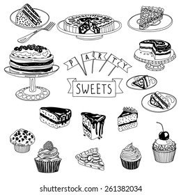 Vector hand drawn set with cakes and sweets. Sweets illustration collection.