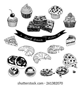 Vector hand drawn set with cakes and sweets. Sweets illustration collection.