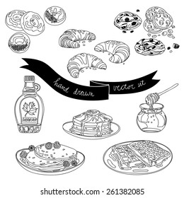 Vector hand drawn set with cakes and sweets. Sweets illustration collection.