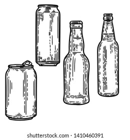 Vector hand drawn set of cans and bottles in the engraving style on white background.