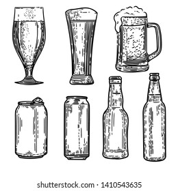 Vector hand drawn set of cans, bottles and  glasses of beers in the engraving style on white background.