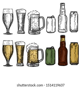Vector hand drawn set of cans, bottles and  glasses of beers in the engraving style isolated on white background.