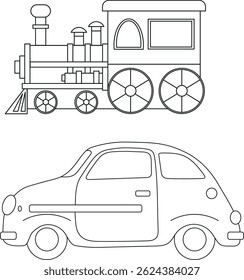 Vetor mão desenhada conjunto com carro, trem brinquedo. Livro de cores
