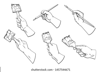 Vector hand drawn set cartoon illustration of many human hands with different paint brushes, vector illustration isolated on white background
