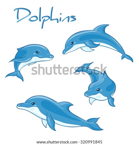 vector hand drawn set of cartoon dolphins in different poses