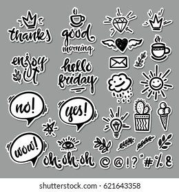 Vector hand drawn set of characters, phrases, objects. Modern calligraphy for blogging, for design postcards, poster EPS 10