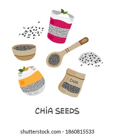 Vector hand drawn set of chia seeds. Chia pudding, chia seeds illustration. Superfood. Food illustration. Vegetarian.