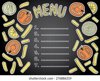 Vector hand drawn set of chopped vegetables. Perfect for menu design or a poster for cafe.  Easy recolor.