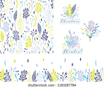 Vector hand drawn set of Christmas winter seamless floral pattern, bouquets badges and seamless floral border.