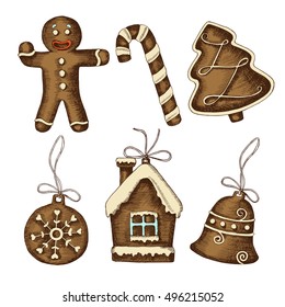 Vector hand drawn set of Christmas gingerbread. Sketch. Merry Christmas and Happy New Year.