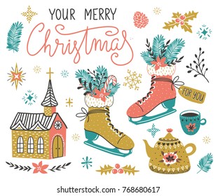 Vector hand drawn set of Christmas design elements with lettering - 'Your merry Christmas' in scandinavian style. Cute holiday illustration.