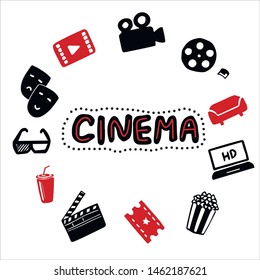 Vector hand drawn set of cinema cartoon doodle objects, symbols and items. Round card frame composition with flat illustration. Movie and film elements. Camera, 3d glasses, popcorn, sofa