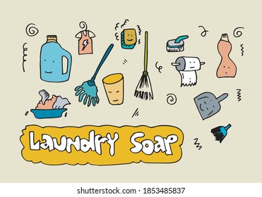 Conjunto de herramientas de limpieza dibujadas a mano por vectores. Servicio de limpieza. Limpieza de suministros. Ilustración del doodle. Productos de limpieza