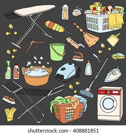 Vector hand drawn set of cleaning tools. Cleaning service. Cleaning supplies. Doodle illustration. Cleaning products