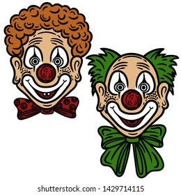 Vector hand drawn set of clowns in the engraving style isolated on white.