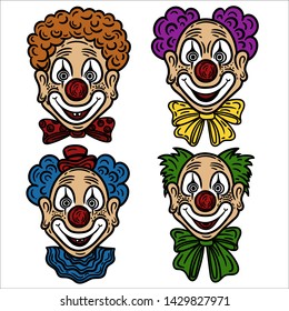 Vector hand drawn set of clowns in the engraving style isolated on white.