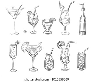 Vector hand drawn set of cocktails and alcoholic drinks in bottles and glasses. Doodle style.