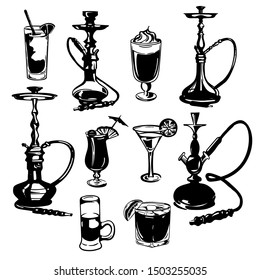 Vector hand drawn set of cocktails alcohol drinks and hookahs isolated on white background.