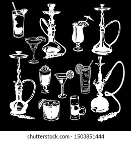 Vector hand drawn set of cocktails alcohol drinks and hookahs isolated on black background.