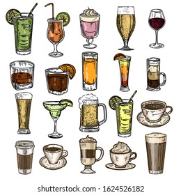 Vector hand drawn set of cocktails and coffee on white background.