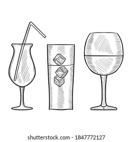 Vector hand drawn set of cocktails and alcohol drinks in sketch style. Isolated on white.