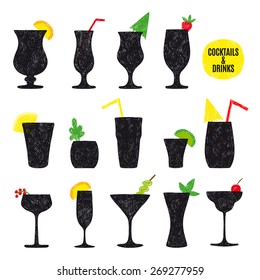 Vector hand drawn set of cocktails and alcohol drinks. Sketch.