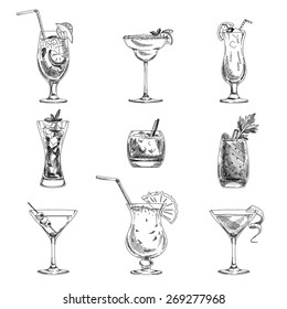 Vector Hand Drawn Set Of Cocktails And Alcohol Drinks. Sketch.