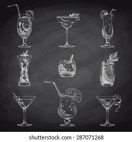 Vector Hand Drawn Set Of Cocktails And Alcohol Drinks. Sketch. Chalkboard.