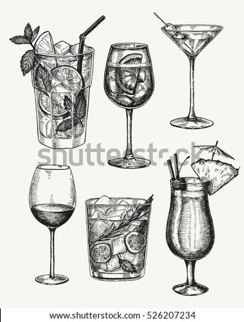 Vector hand drawn set of cocktails and alcohol drinks. Sketch.