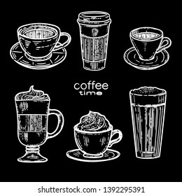 Vector hand drawn set of coffee.Latte, cappuccino, frappe, espresso americano and americano in cup for take away in the engraving vintage style isolated on black background.