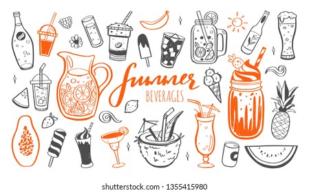 Vector Hand Drawn Set Of Cold Drinks, Summer Cocktails And Beverages With Fruits. Various Doodles For Beach Party, Bar, Restaurant Menu. Isolated Objects