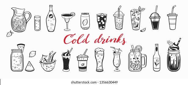 Vector hand drawn set of Cold drinks, summer cocktails and beverages. Various doodles for beach party, bar, restaurant menu. Isolated objects