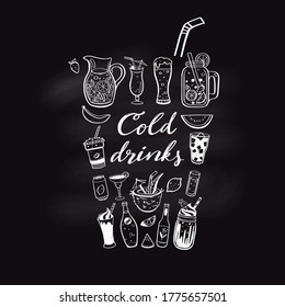 Vector hand drawn set of Cold drinks, summer cocktails and beverages. Various doodles for beach party, bar, restaurant menu. Chalkboard lettering