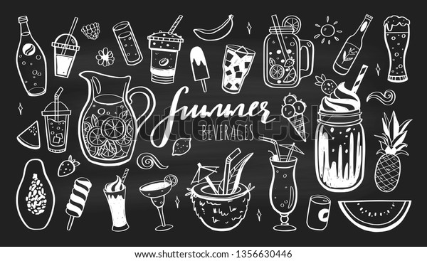 Vector hand drawn set of Cold drinks,\
summer cocktails and beverages with fruits. Various doodles for\
beach party, bar, restaurant menu. Isolated\
objects