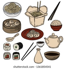 Vector hand drawn set of color asian food isolated on white.