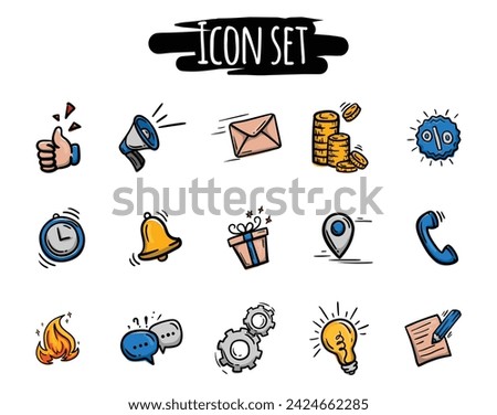 Vector hand drawn set of color icons for mobile applications and websites: promotions, sales, phone, settings and more.