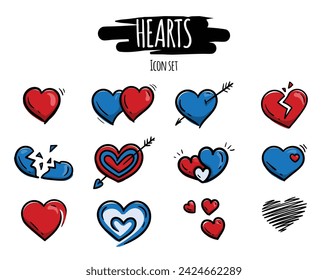 Vector hand drawn set of colored icons for Valentine's day with red and blue hearts, broken heart, cupid's arrow