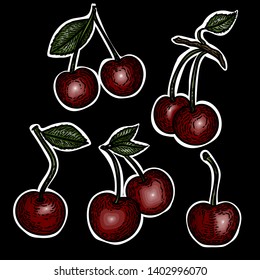 Vector hand drawn set of colorful cherries in the engraving style isolated on black background.