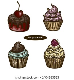 Vector hand drawn set of colorful cupcakes in the engraving style isolated on white.