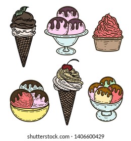 Vector hand drawn set of colorful ice creams isolated on white background.