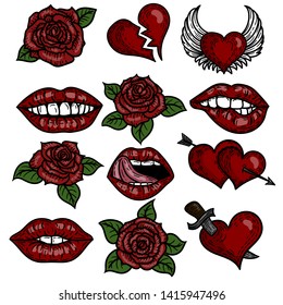 Vector hand drawn set of colorful pop art hearts and lips.Brocken heart, two hearts with arrow, heart with wings and heart punctured by sword, lips and mouth and roses.