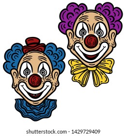 Vector hand drawn set of  colorful clowns in the engraving style isolated on white.