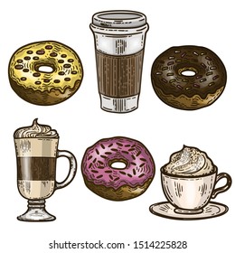 Vector hand drawn set of colorful donuts and cups of coffee cappuccino, frappe and late in the engraving style isolated on white.