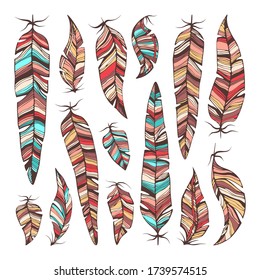 Vector hand drawn set of colorful bird feathers. Boho collection isolated on white background